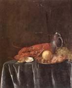 Pieter Gijsels Still life of a lemon,hazelnuts and a crab on a pewter dish,together with a lobster,oysters two wine-glasses,green grapes and a stoneware flagon,all u France oil painting artist